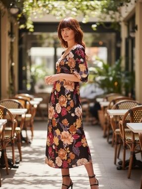 Band of the Free Midi Dress- Floral w Puff Sleeves -Size Large-EUC $128 Retail